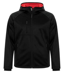 DISCONTINUED DRYFRAME® BONDED TECH FLEECE WATER RESISTANT FULL ZIP HOODED JACKET in Black/Rich Red