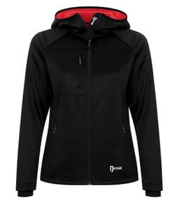 DISCONTINUED DRYFRAME® BONDED TECH FLEECE WATER RESISTANT FULL ZIP HOODED LADIES' JACKET in Black/Rich Red