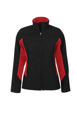 DISCONTINUED COAL HARBOUR® EVERYDAY COLOUR BLOCK WATER REPELLENT SOFT SHELL LADIES' JACKET in Black/True Red