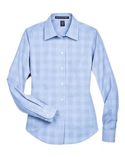 Women's Crown Collection® Glen Plaid Woven Dress Shirt in White/ Light French Blue/ French Blue