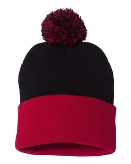 12" Pom-Pom Cuffed Beanie in Black/ Red
