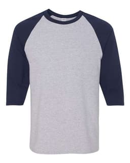 Unisex Heavy Cotton™ Raglan Three-Quarter Sleeve T-Shirt in Sport Grey/ Navy