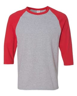 Unisex Heavy Cotton™ Raglan Three-Quarter Sleeve T-Shirt in Sport Grey/ Red