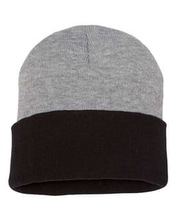 12" Color Blocked Cuffed Beanie in Heather/ Black