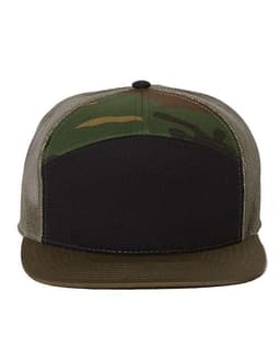 Seven-Panel Trucker Cap in Black/ Camo/ Loden